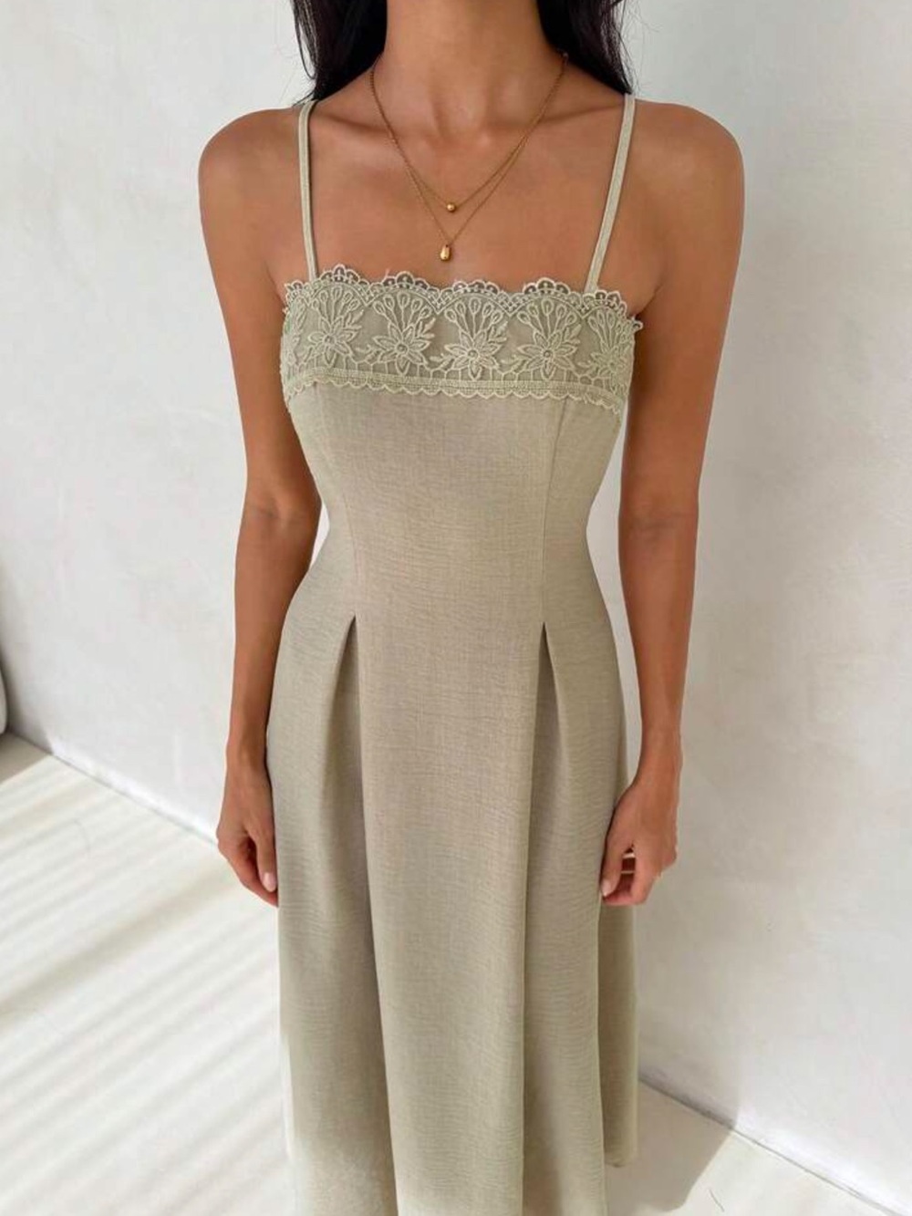 Spaghetti-Strap Cream Maxi Dress with Lace Trim - Picture 7 of 7